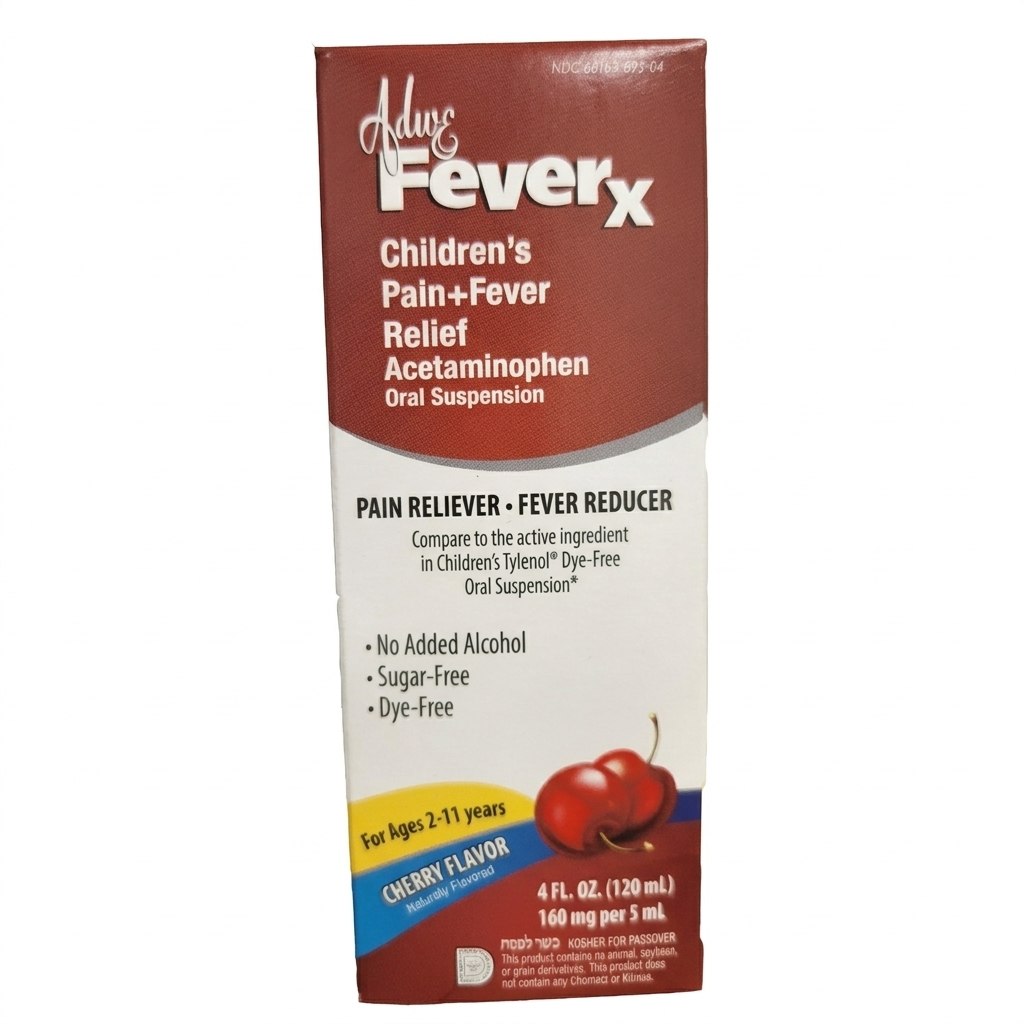 Adwe Kosher FeverX Children’s Pain + Fever Relief Acetaminophen Liquid Cherry Flavor - 4 fl oz